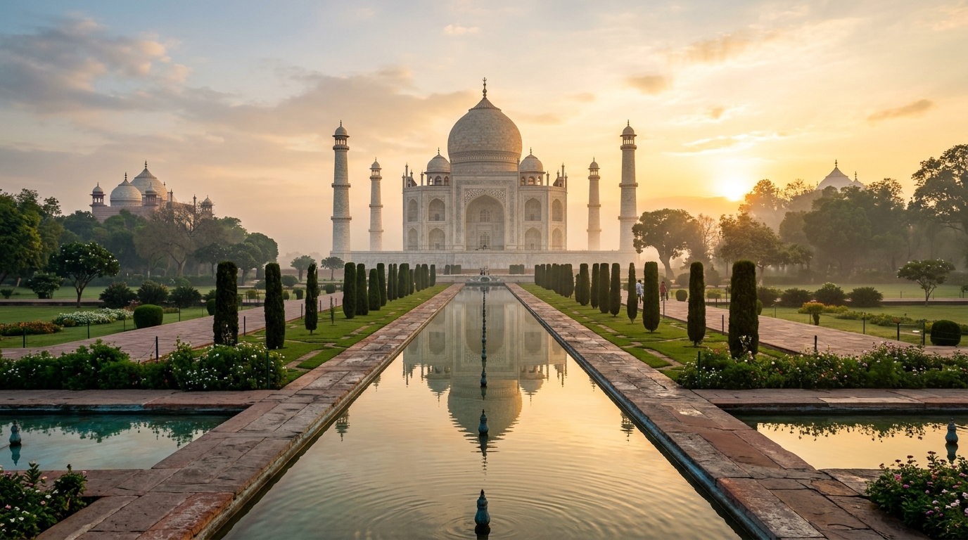 Mughal architectural symmetry of Humayun’s Tomb surrounded by Charbagh gardens in Delhi
