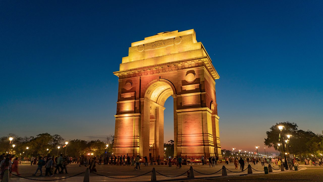 Iconic India Gate war memorial arch along Kartavya Path in New Delhi