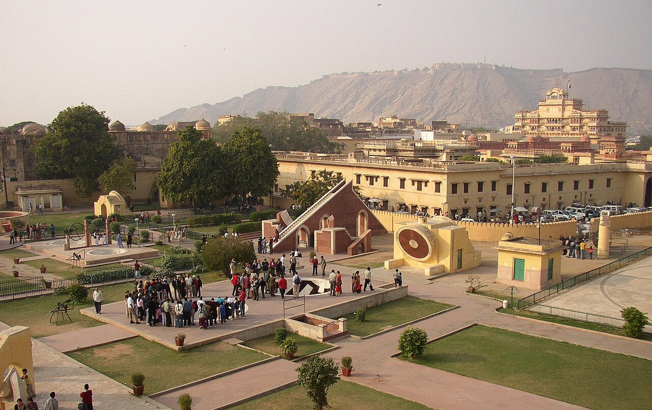 Giant stone sundial and astronomical instruments at Jantar Mantar observatory in Jaipur