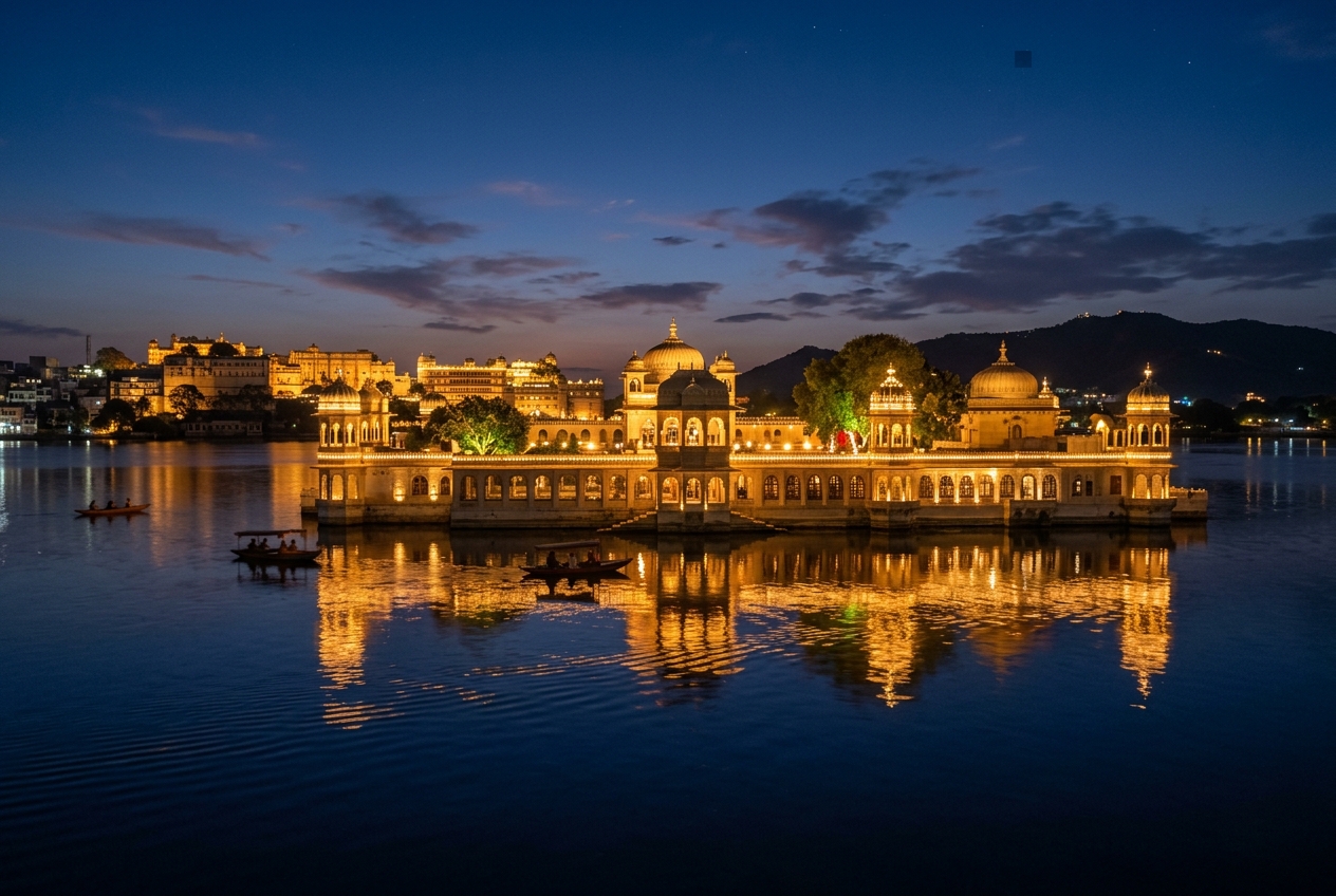 Romantic island palace of Jag Mandir illuminated on Lake Pichola in Udaipur
