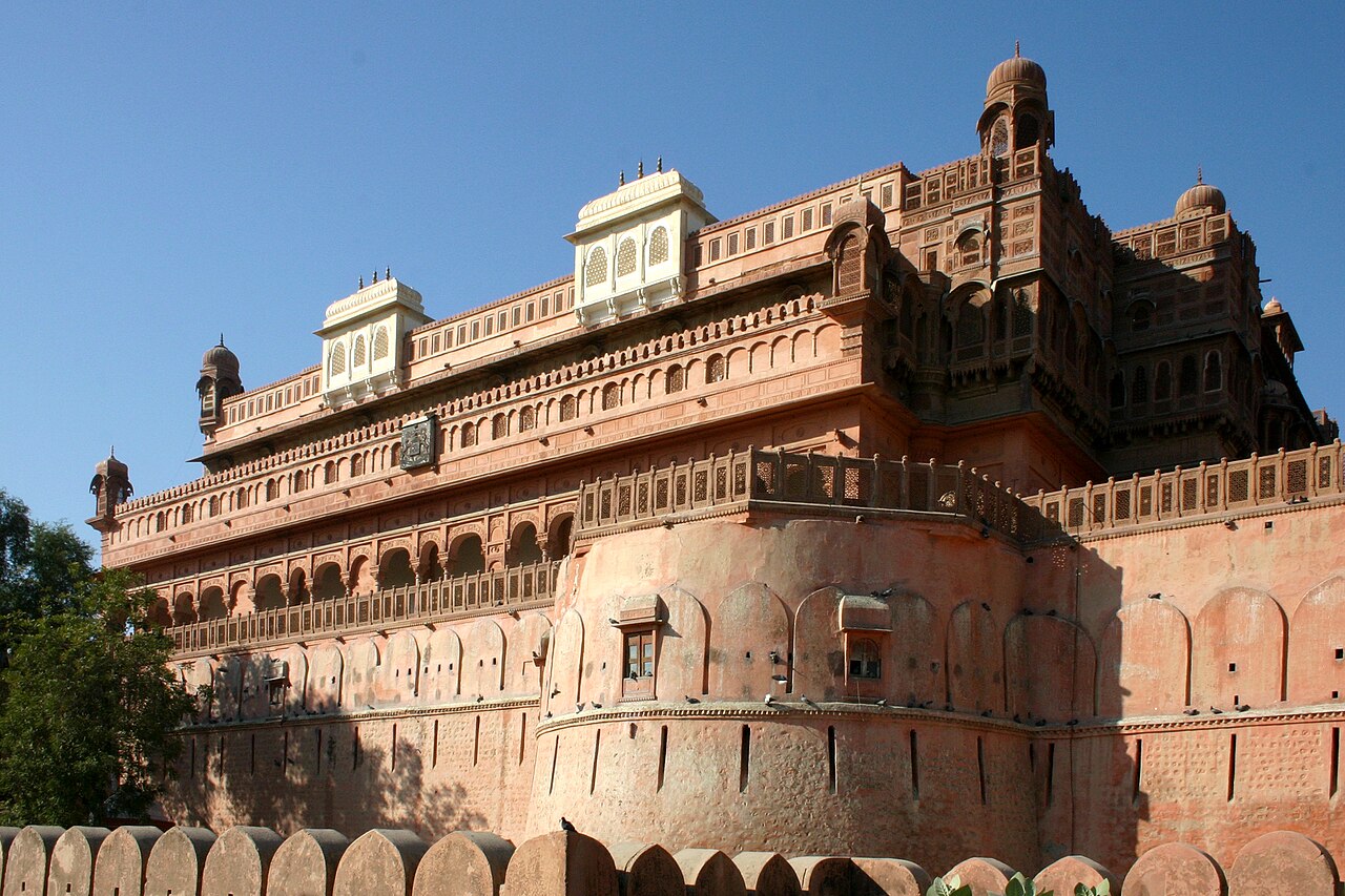 Ornate courtyards and red sandstone palaces inside unvanquished Junagarh Fort in Bikaner