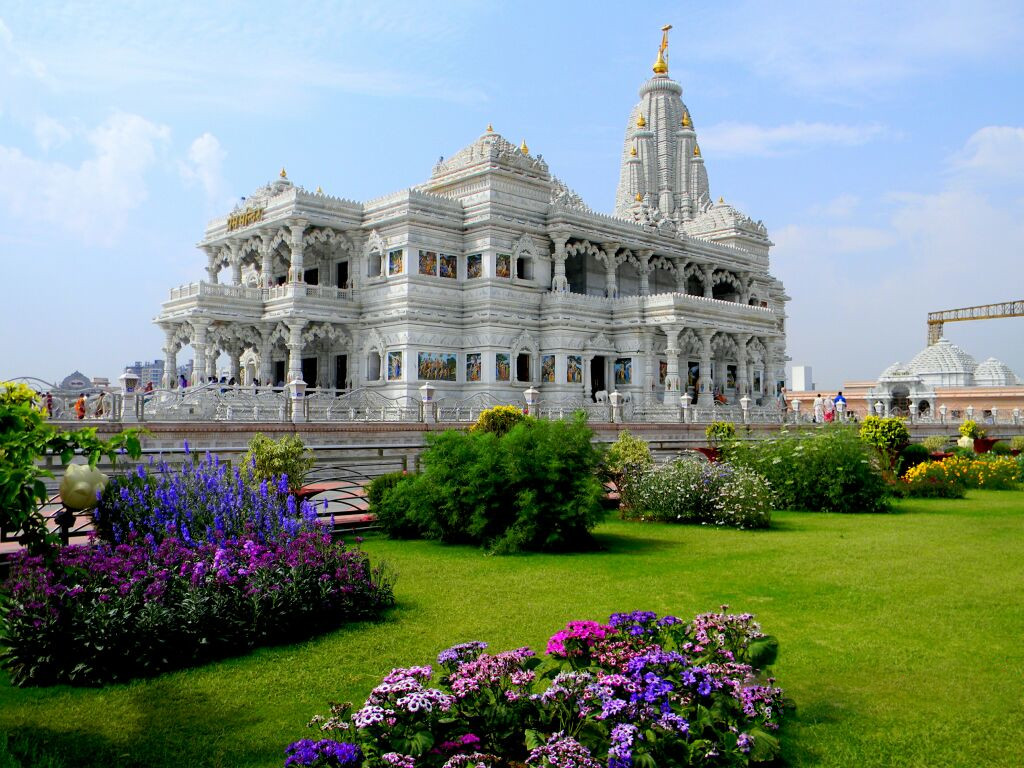 Ornately carved Italian white marble Prem Mandir temple complex in Vrindavan